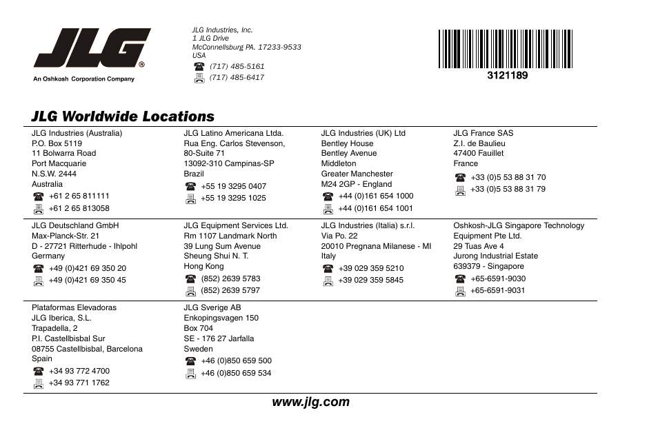 Jlg worldwide locations | JLG 19AMI Operator Manual User Manual | Page 68 / 68