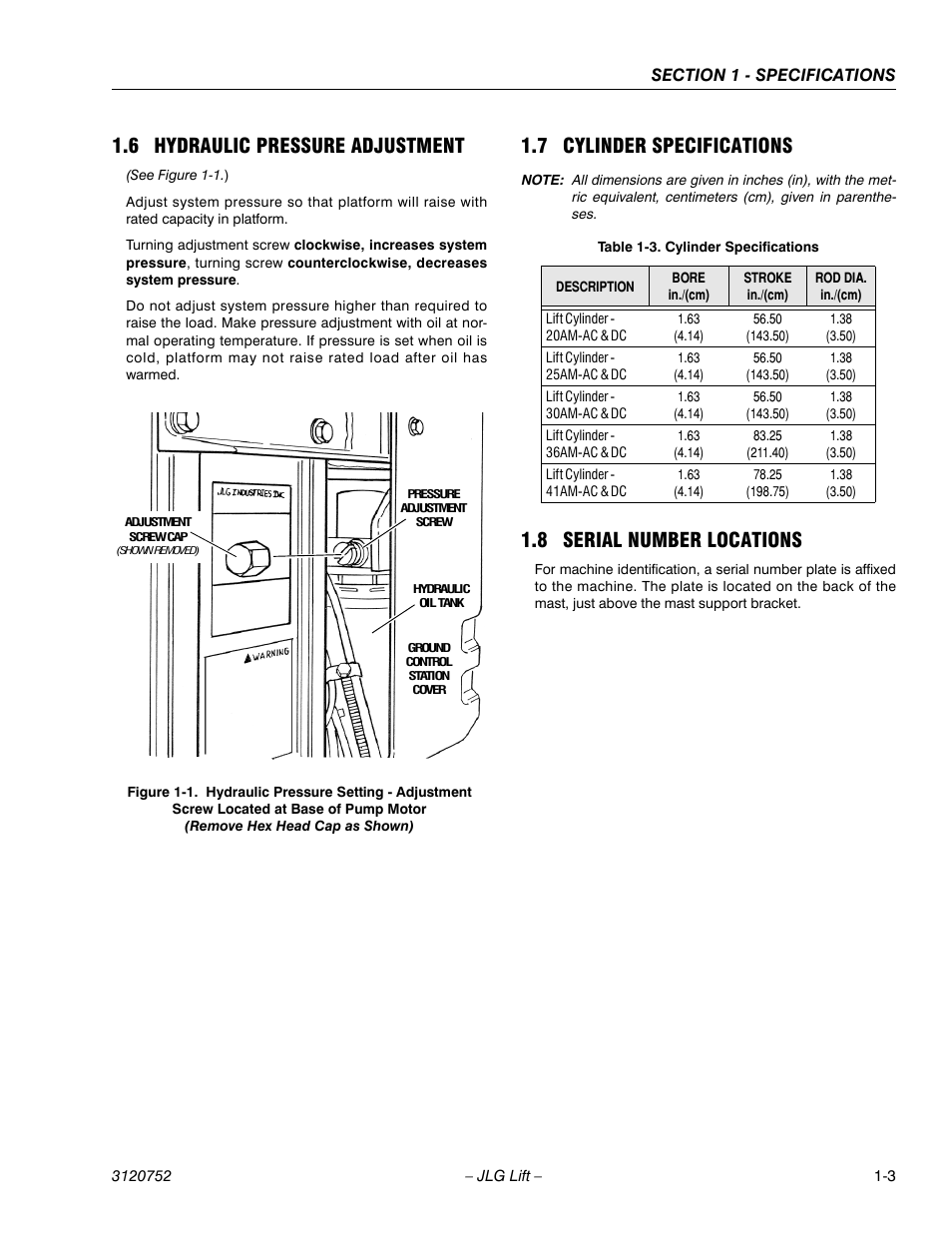 6 hydraulic pressure adjustment, 7 cylinder specifications, 8 serial number locations | Cylinder specifications -3 | JLG 41AM (3120752) Service Manual User Manual | Page 15 / 84