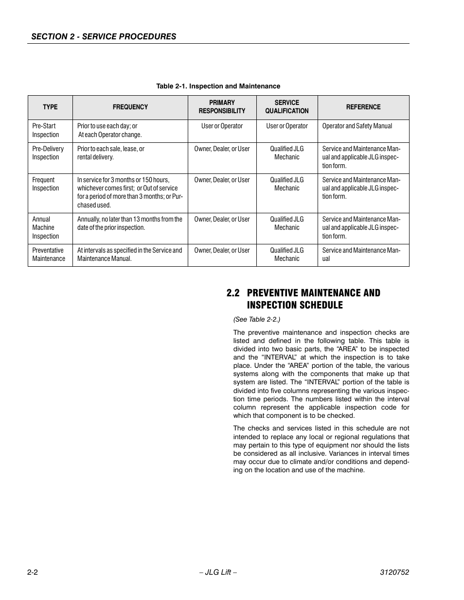 2 preventive maintenance and inspection schedule, Inspection and maintenance -2 | JLG 41AM (3120752) Service Manual User Manual | Page 26 / 84
