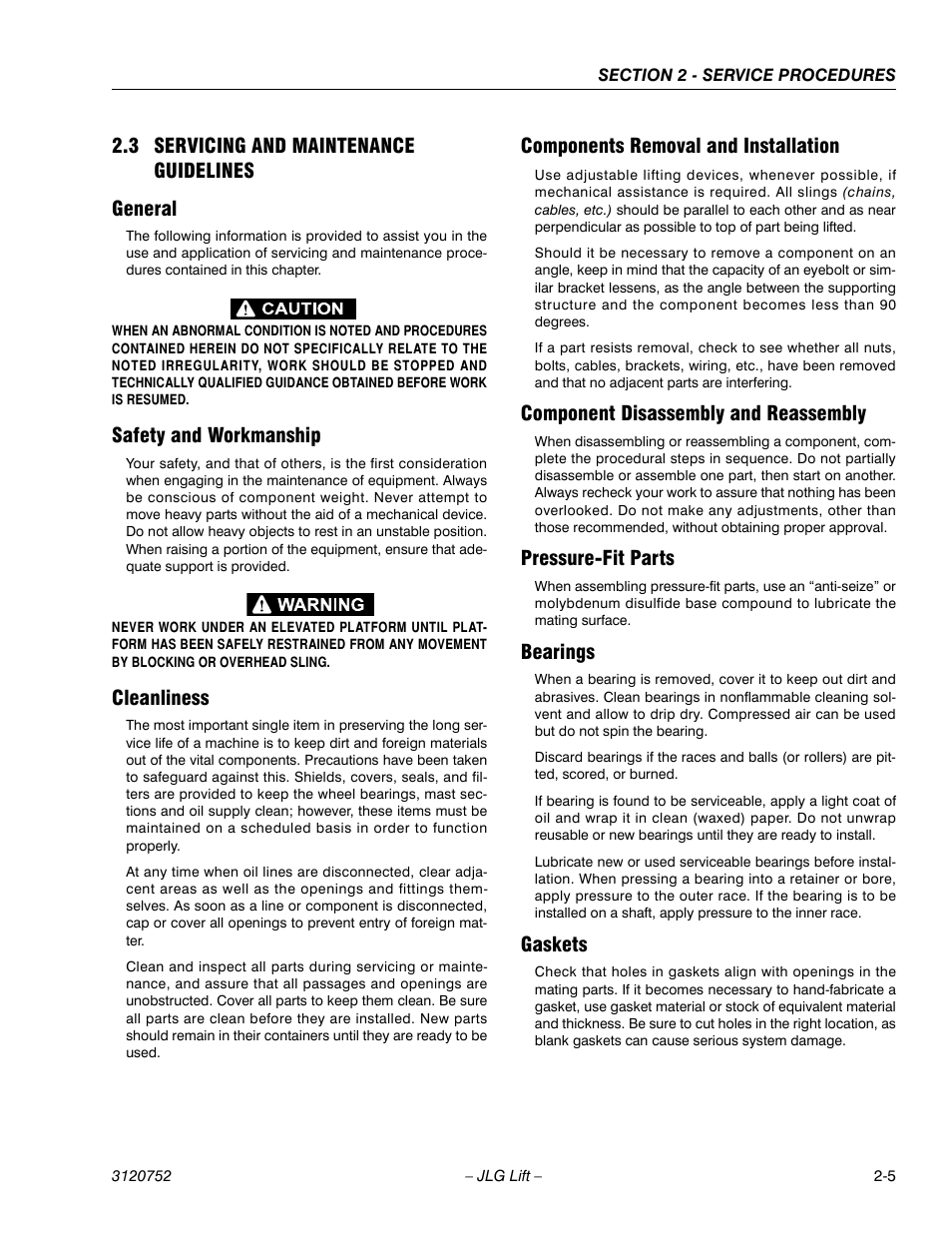 3 servicing and maintenance guidelines, General, Safety and workmanship | Cleanliness, Components removal and installation, Component disassembly and reassembly, Pressure-fit parts, Bearings, Gaskets, 3 servicing and maintenance guidelines -5 | JLG 41AM (3120752) Service Manual User Manual | Page 29 / 84