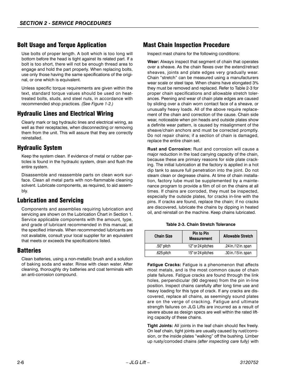 Bolt usage and torque application, Hydraulic lines and electrical wiring, Hydraulic system | Lubrication and servicing, Batteries, Mast chain inspection procedure, Chain stretch tolerance -6 | JLG 41AM (3120752) Service Manual User Manual | Page 30 / 84