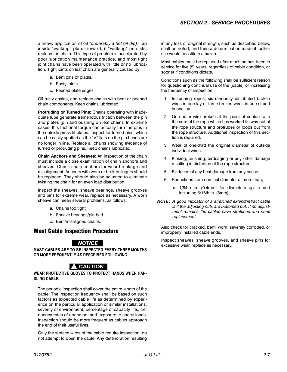 Mast cable inspection procedure, Mast cable inspection procedure -7 | JLG 41AM (3120752) Service Manual User Manual | Page 31 / 84