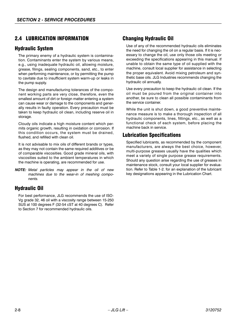 4 lubrication information, Hydraulic system, Hydraulic oil | Changing hydraulic oil, Lubrication specifications, 4 lubrication information -8, 4 lubrication information hydraulic system | JLG 41AM (3120752) Service Manual User Manual | Page 32 / 84