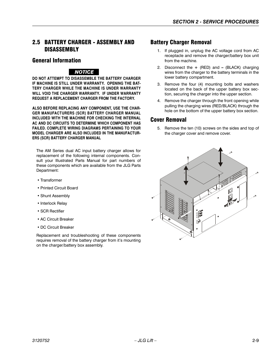 5 battery charger - assembly and disassembly, General information, Battery charger removal | Cover removal, 5 battery charger - assembly and disassembly -9 | JLG 41AM (3120752) Service Manual User Manual | Page 33 / 84