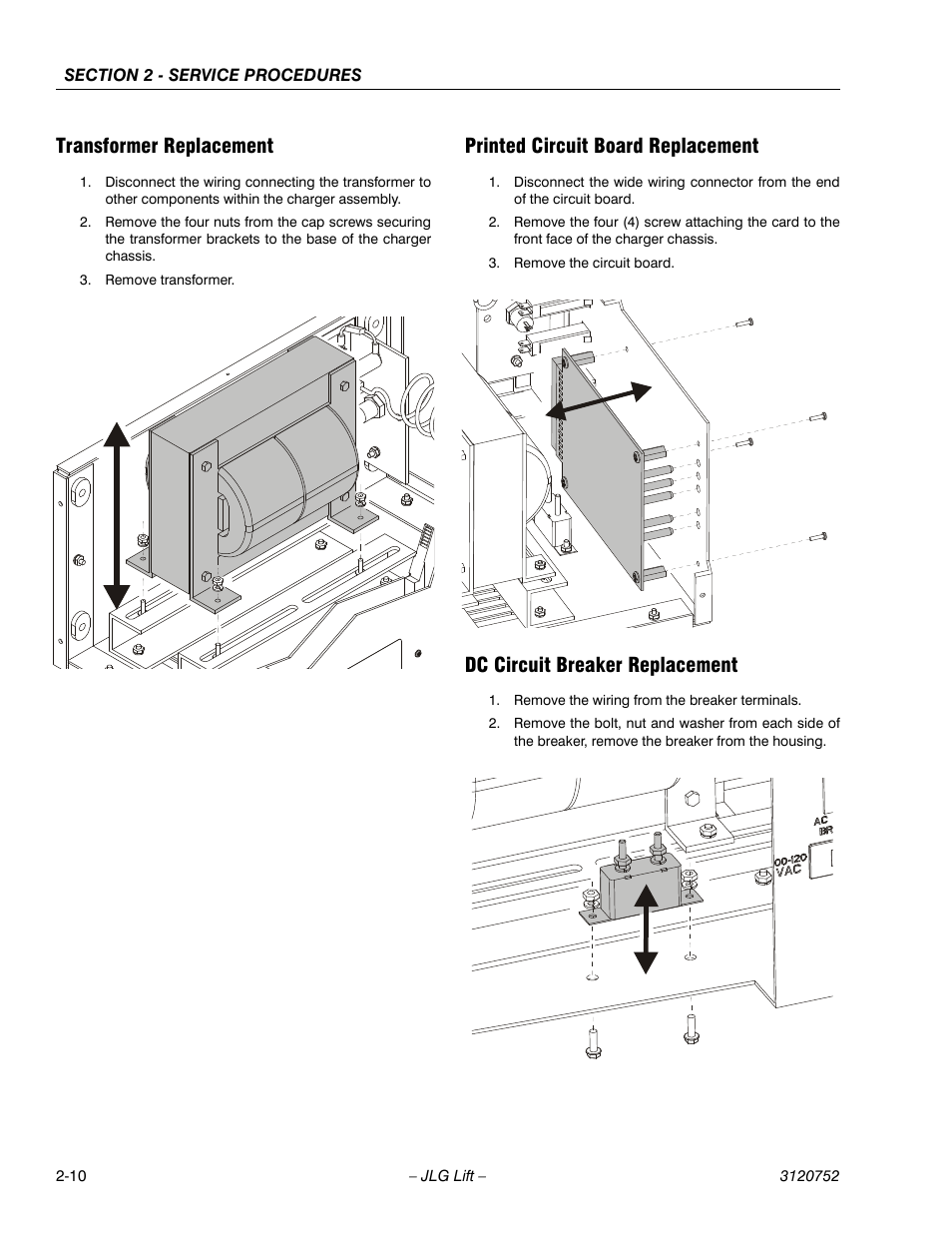 Transformer replacement, Printed circuit board replacement, Dc circuit breaker replacement | JLG 41AM (3120752) Service Manual User Manual | Page 34 / 84