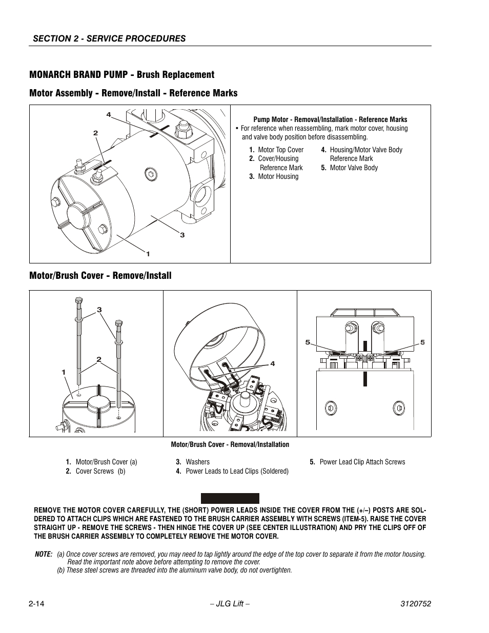 Monarch brand pump - brush replacement, Motor assembly - remove/install - reference marks, Motor/brush cover - remove/install | JLG 41AM (3120752) Service Manual User Manual | Page 38 / 84
