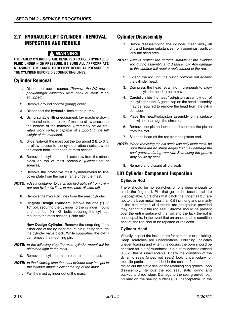 Cylinder removal, Cylinder disassembly, Lift cylinder component inspection | JLG 41AM (3120752) Service Manual User Manual | Page 42 / 84