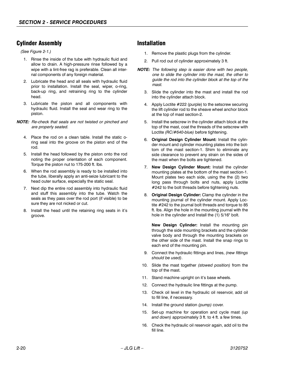 Cylinder assembly, Installation, Cylinder assembly -20 installation -20 | JLG 41AM (3120752) Service Manual User Manual | Page 44 / 84