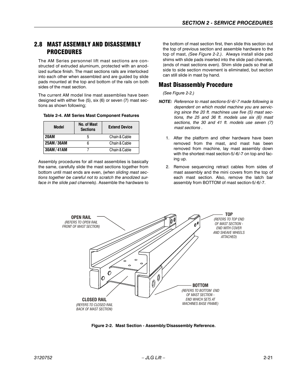 8 mast assembly and disassembly procedures, Mast disassembly procedure, 8 mast assembly and disassembly procedures -21 | Mast disassembly procedure -21, Mast section - assembly/disassembly reference -21, Am series mast component features -21 | JLG 41AM (3120752) Service Manual User Manual | Page 45 / 84