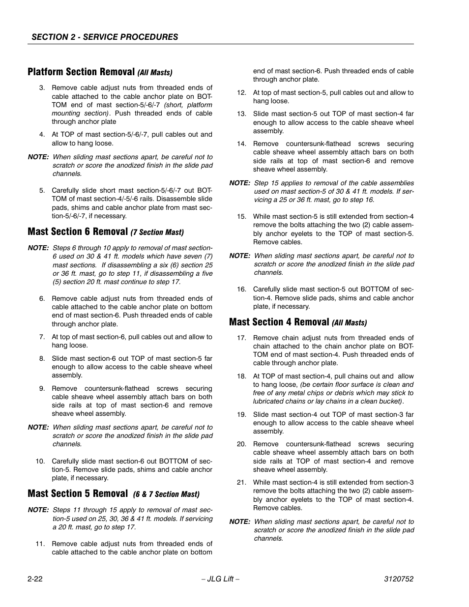 Platform section removal (all masts), Mast section 6 removal (7 section mast), Mast section 5 removal (6 & 7 section mast) | Mast section 4 removal (all masts) | JLG 41AM (3120752) Service Manual User Manual | Page 46 / 84