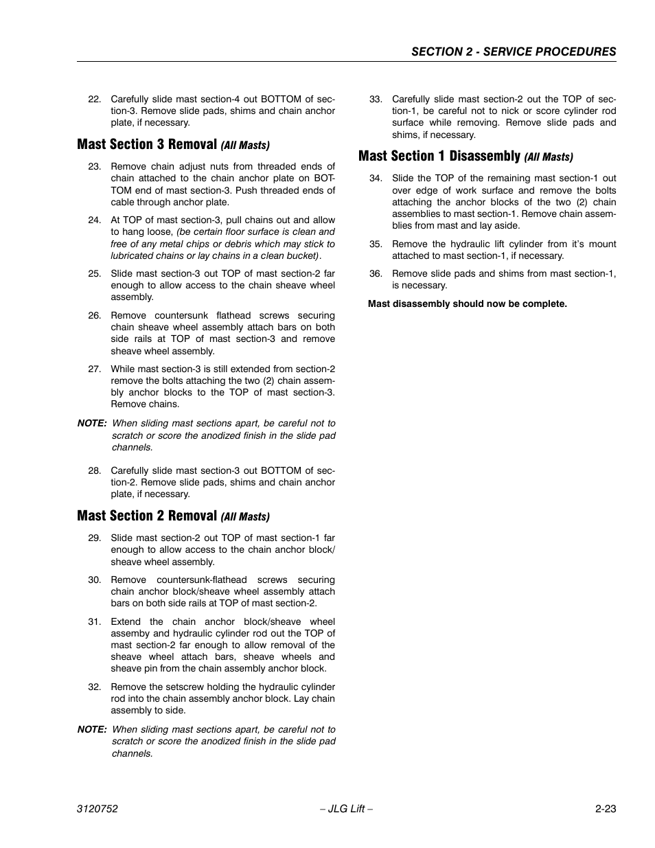 Mast section 3 removal (all masts), Mast section 2 removal (all masts), Mast section 1 disassembly (all masts) | JLG 41AM (3120752) Service Manual User Manual | Page 47 / 84