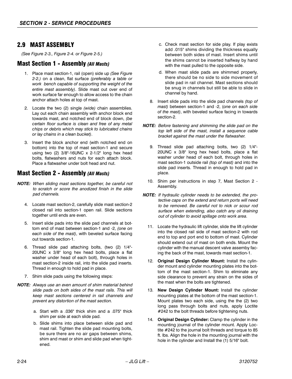 9 mast assembly, Mast section 1 - assembly (all masts), Mast section 2 - assembly (all masts) | 9 mast assembly -24 | JLG 41AM (3120752) Service Manual User Manual | Page 48 / 84