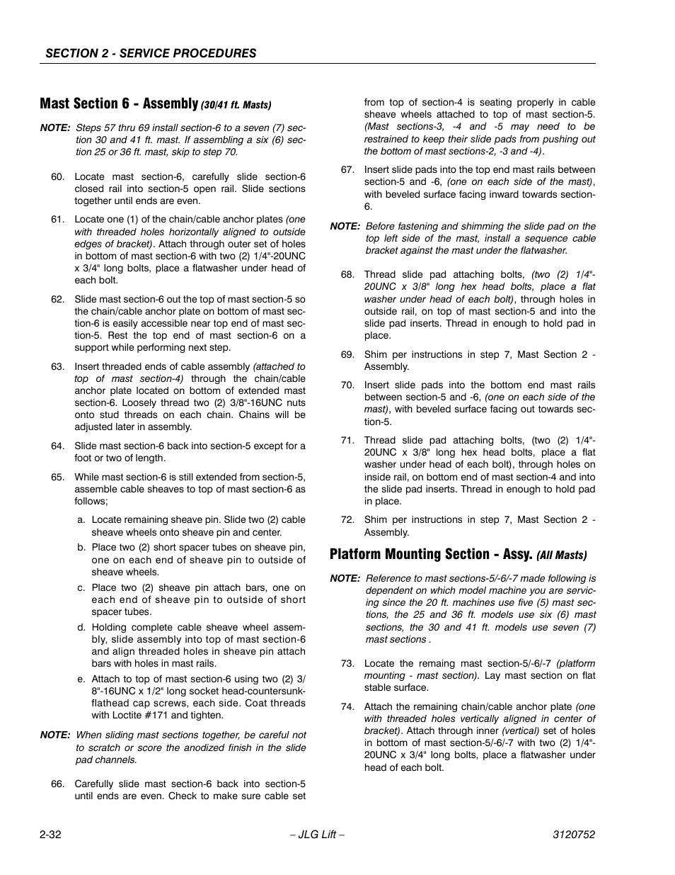 Mast section 6 - assembly (30/41 ft. masts), Platform mounting section - assy. (all masts) | JLG 41AM (3120752) Service Manual User Manual | Page 56 / 84