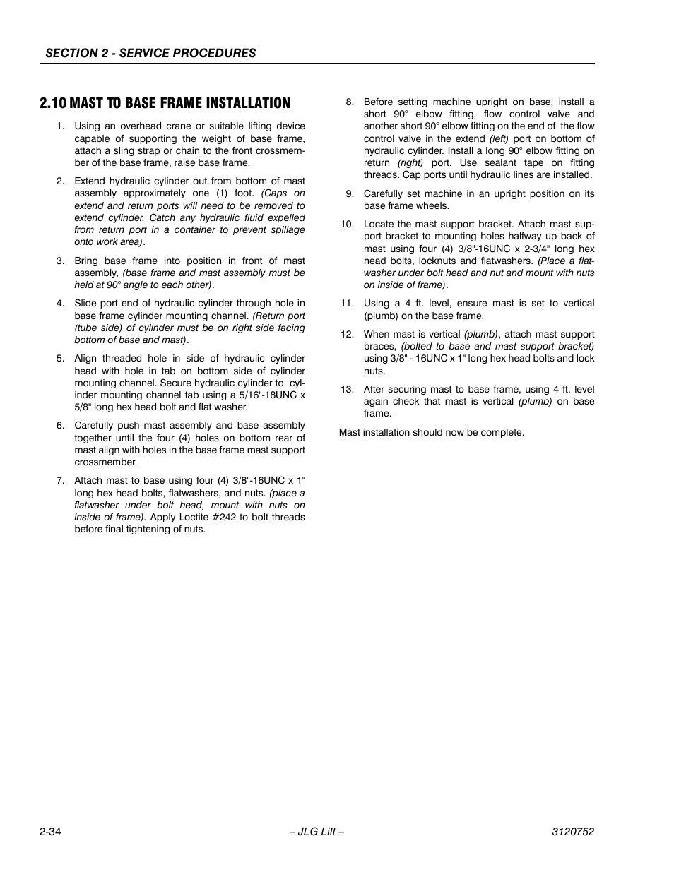 10 mast to base frame installation, 10 mast to base frame installation -34 | JLG 41AM (3120752) Service Manual User Manual | Page 58 / 84