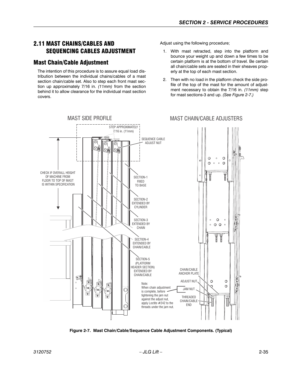 Mast chain/cable adjustment, Mast chain/cable adjustment -35, Mast side profile mast chain/cable adjusters | JLG 41AM (3120752) Service Manual User Manual | Page 59 / 84