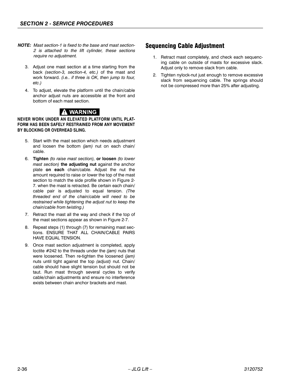 Sequencing cable adjustment, Sequencing cable adjustment -36 | JLG 41AM (3120752) Service Manual User Manual | Page 60 / 84