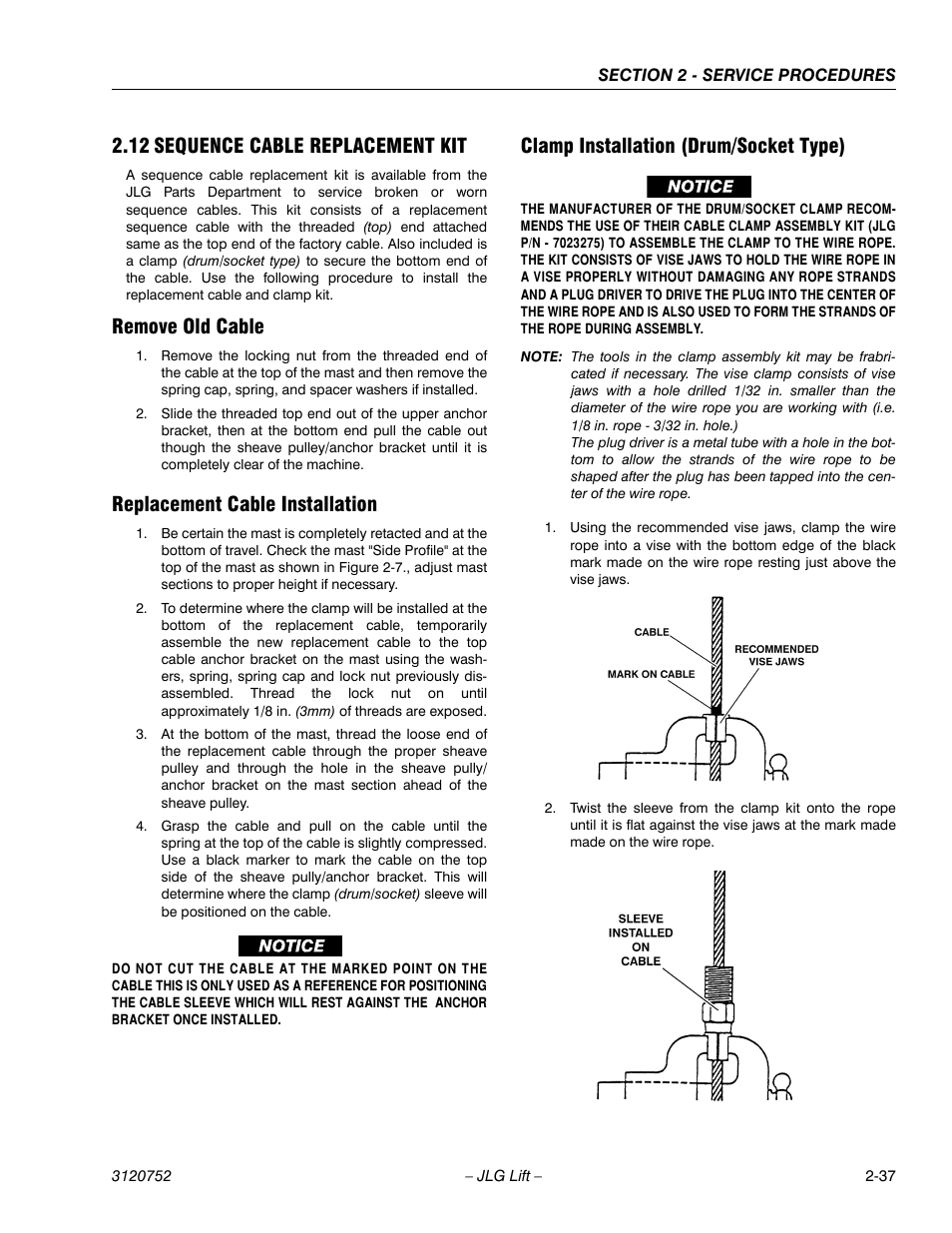 12 sequence cable replacement kit, Remove old cable, Replacement cable installation | Clamp installation (drum/socket type), 12 sequence cable replacement kit -37 | JLG 41AM (3120752) Service Manual User Manual | Page 61 / 84