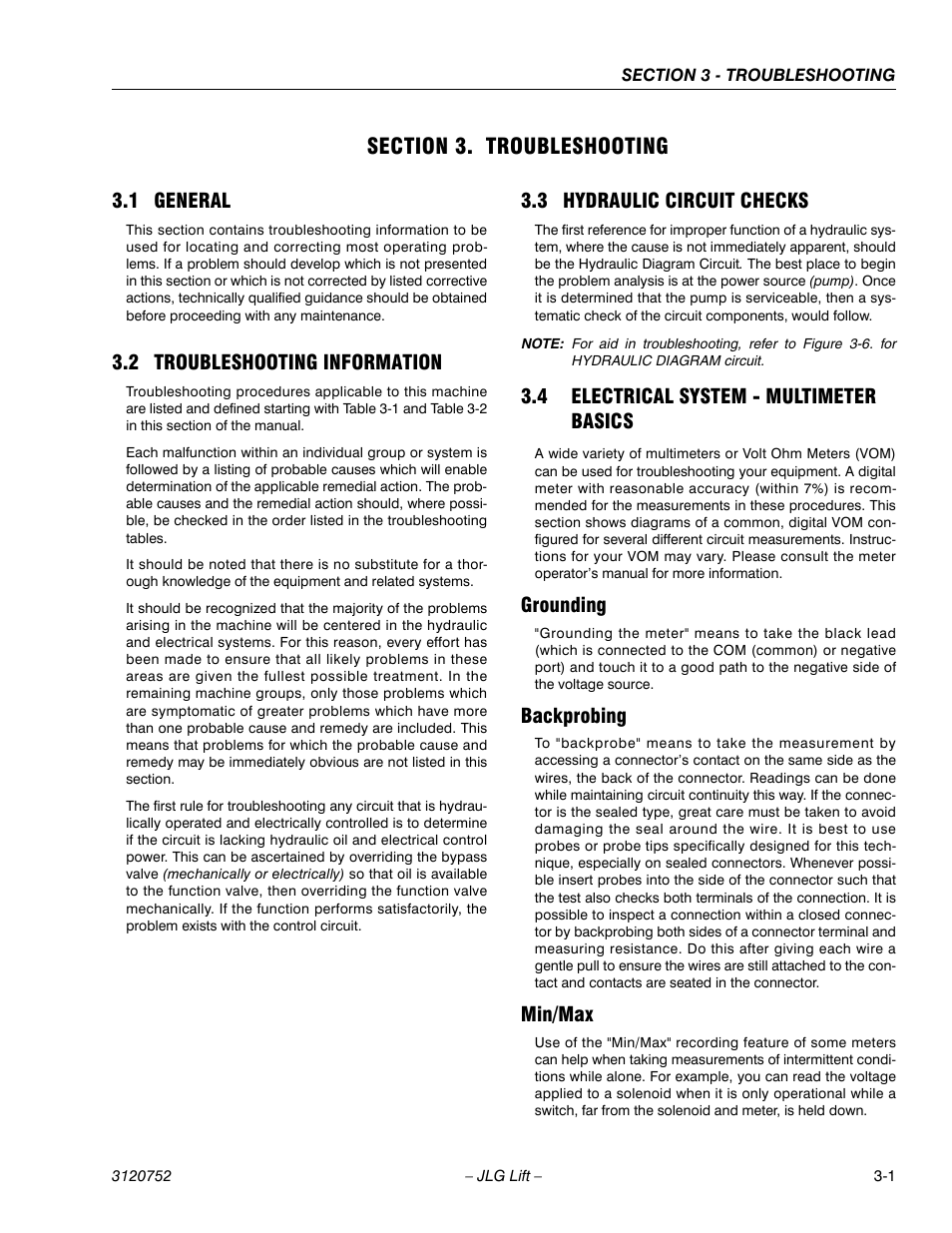 Section 3. troubleshooting, 1 general, 2 troubleshooting information | 3 hydraulic circuit checks, 4 electrical system - multimeter basics, Grounding, Backprobing, Min/max, Section 3 - troubleshooting, Grounding -1 backprobing -1 min/max -1 | JLG 41AM (3120752) Service Manual User Manual | Page 63 / 84