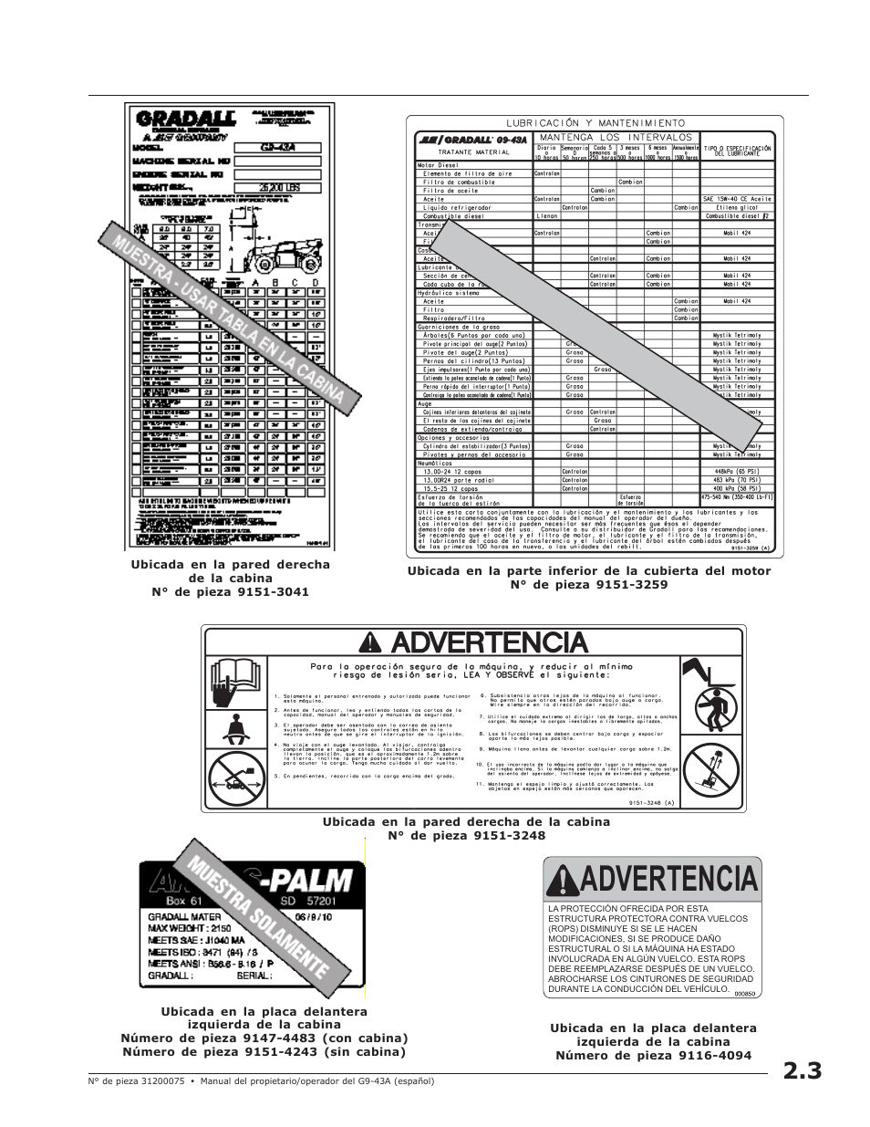 Advertencia, Muestra – usar t abla en la cabina | JLG G10-43A (0160005444 & After) Operator Manual User Manual | Page 15 / 56