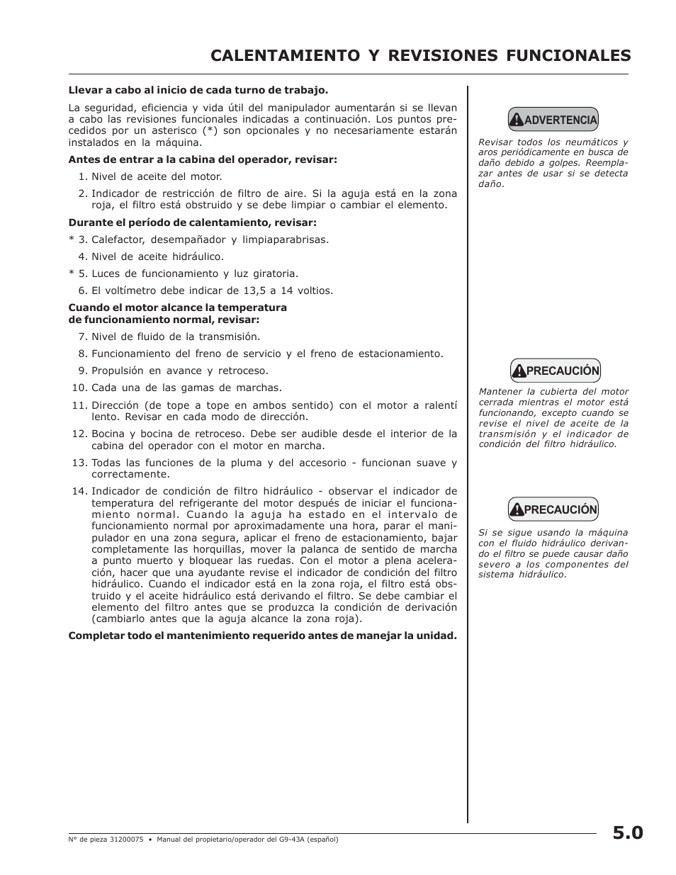 Calentamiento y revisiones funcionales | JLG G10-43A (0160005444 & After) Operator Manual User Manual | Page 23 / 56