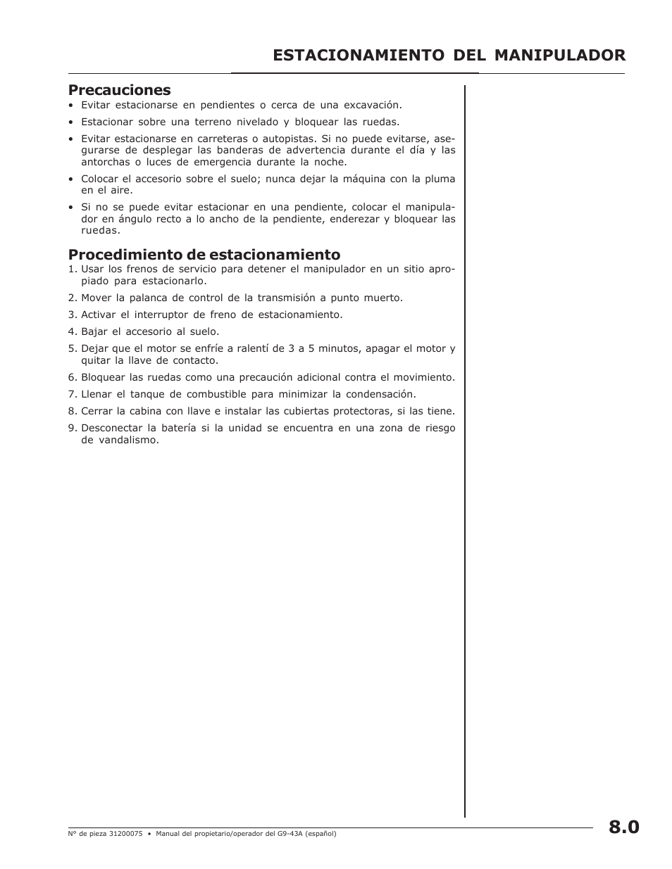 Estacionamiento del manipulador, Precauciones, Procedimiento de estacionamiento | JLG G10-43A (0160005444 & After) Operator Manual User Manual | Page 27 / 56