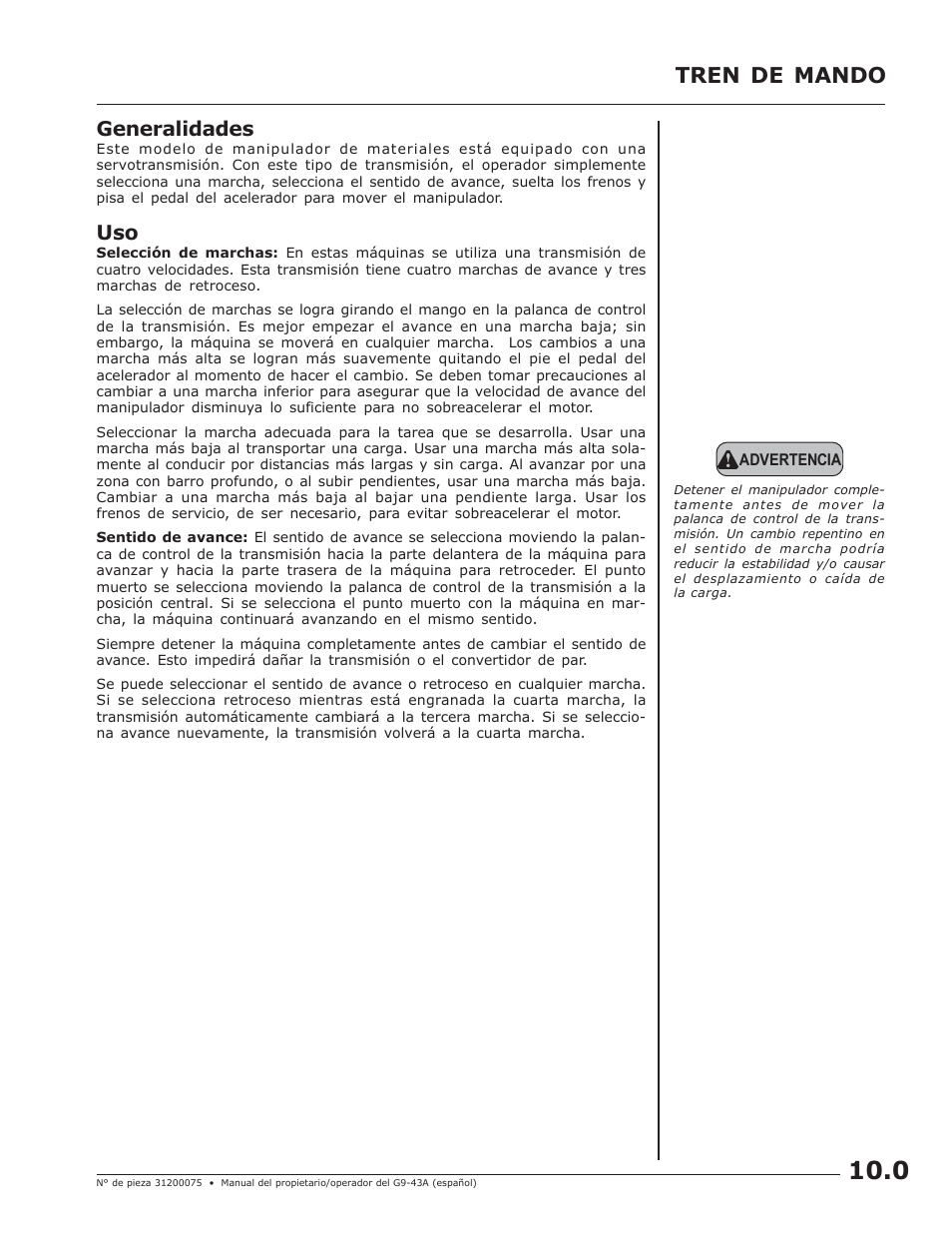 Tren de mando, Generalidades | JLG G10-43A (0160005444 & After) Operator Manual User Manual | Page 29 / 56