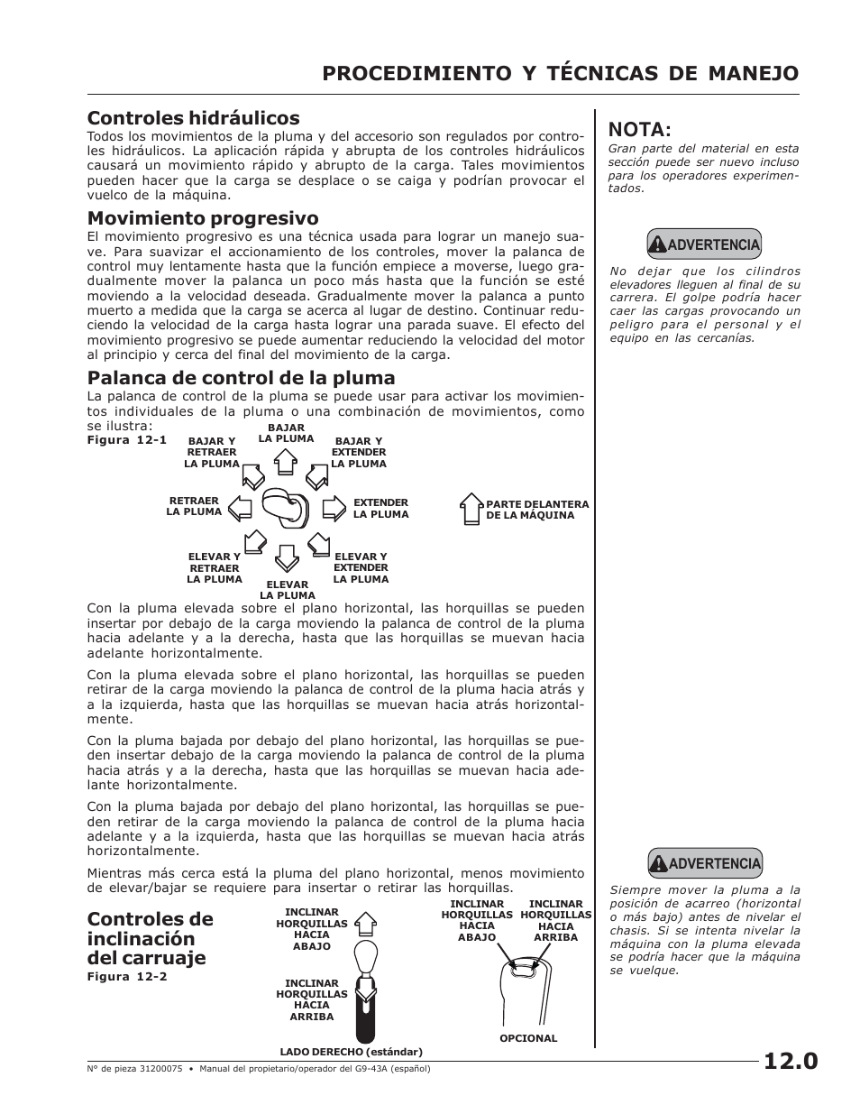 Procedimiento y técnicas de manejo, Nota, Controles hidráulicos | Movimiento progresivo, Palanca de control de la pluma, Controles de inclinación del carruaje | JLG G10-43A (0160005444 & After) Operator Manual User Manual | Page 31 / 56