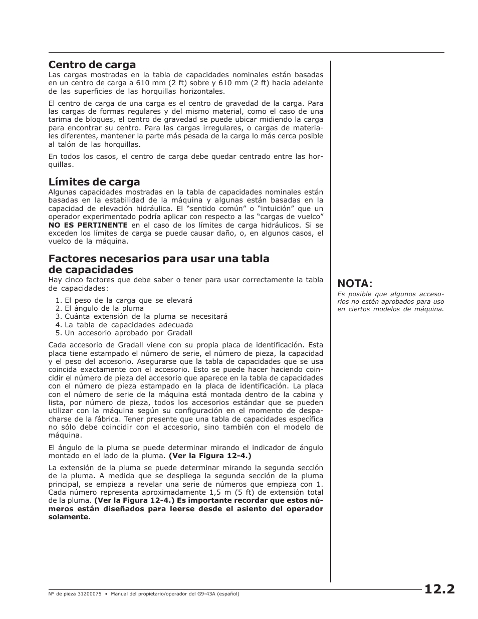 Nota, Centro de carga, Límites de carga | JLG G10-43A (0160005444 & After) Operator Manual User Manual | Page 33 / 56