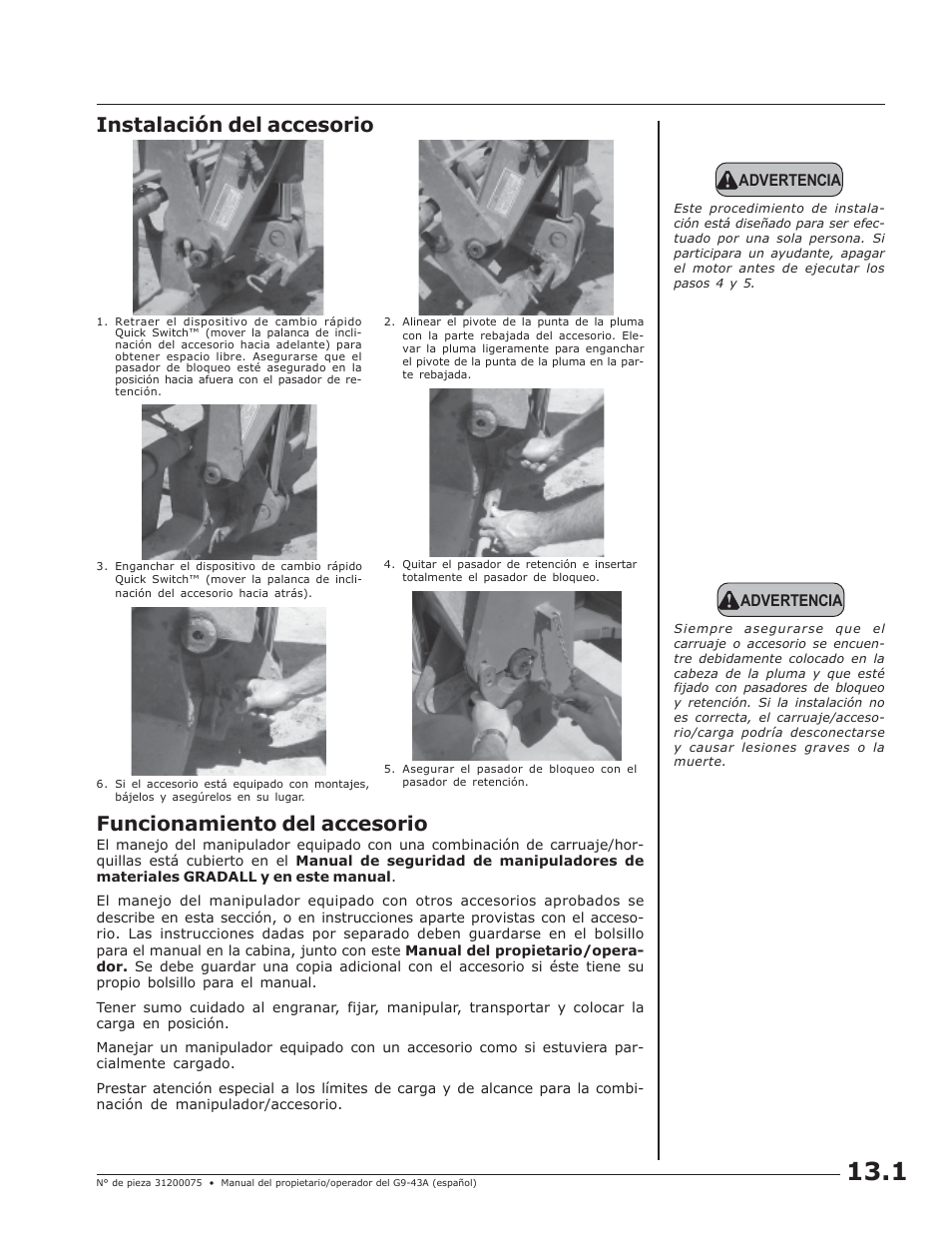 Instalación del accesorio, Funcionamiento del accesorio, Advertencia | JLG G10-43A (0160005444 & After) Operator Manual User Manual | Page 37 / 56