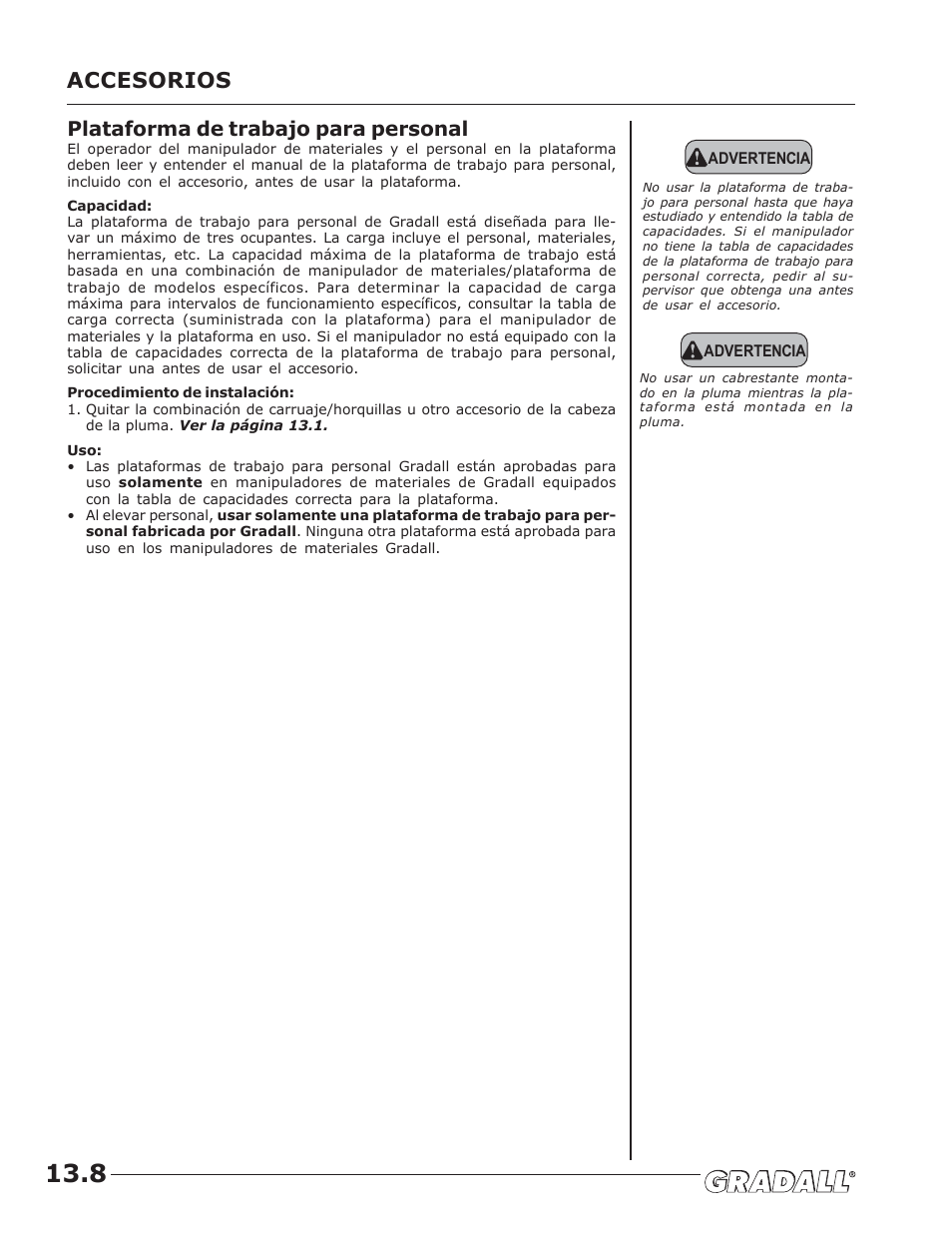 Accesorios, Plataforma de trabajo para personal | JLG G10-43A (0160005444 & After) Operator Manual User Manual | Page 44 / 56