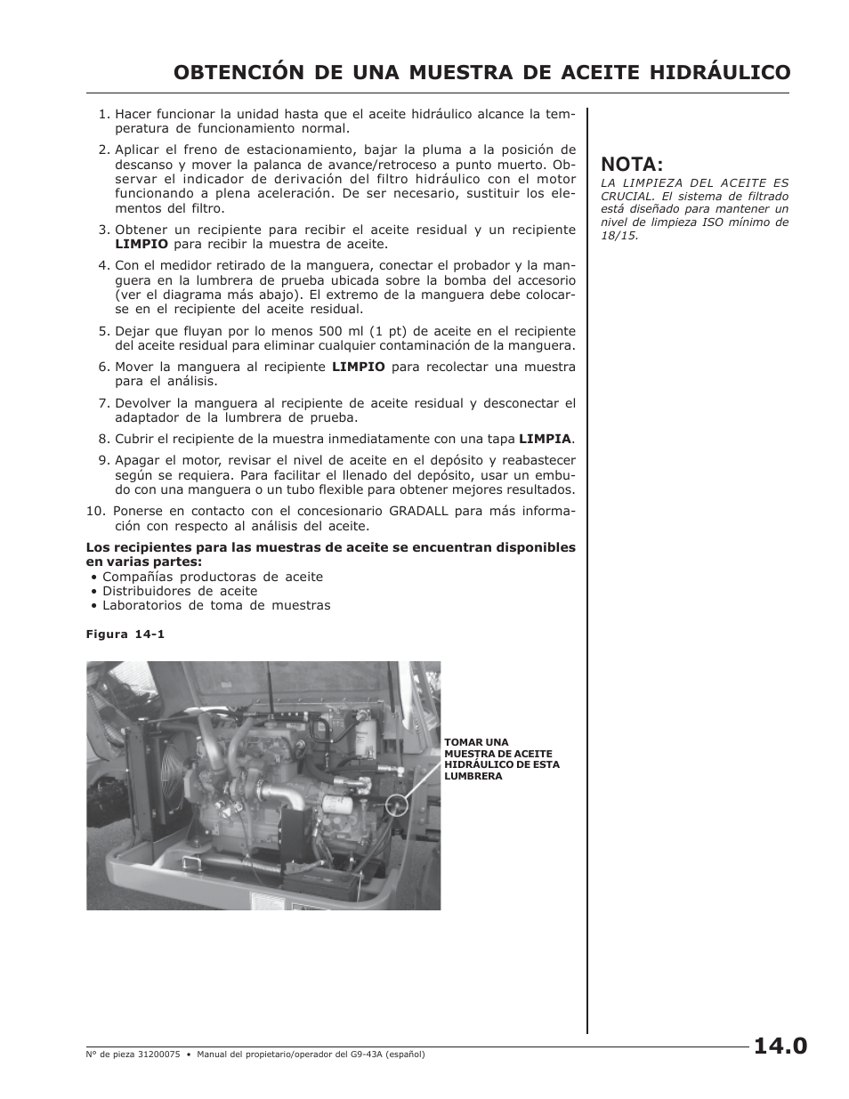 Obtención de una muestra de aceite hidráulico, Nota | JLG G10-43A (0160005444 & After) Operator Manual User Manual | Page 45 / 56