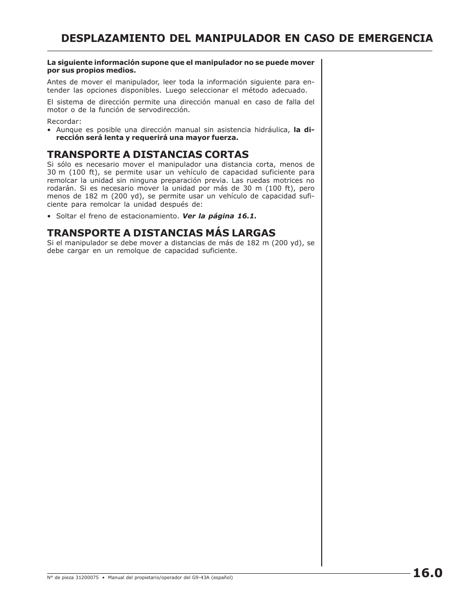 Transporte a distancias cortas, Transporte a distancias más largas | JLG G10-43A (0160005444 & After) Operator Manual User Manual | Page 47 / 56