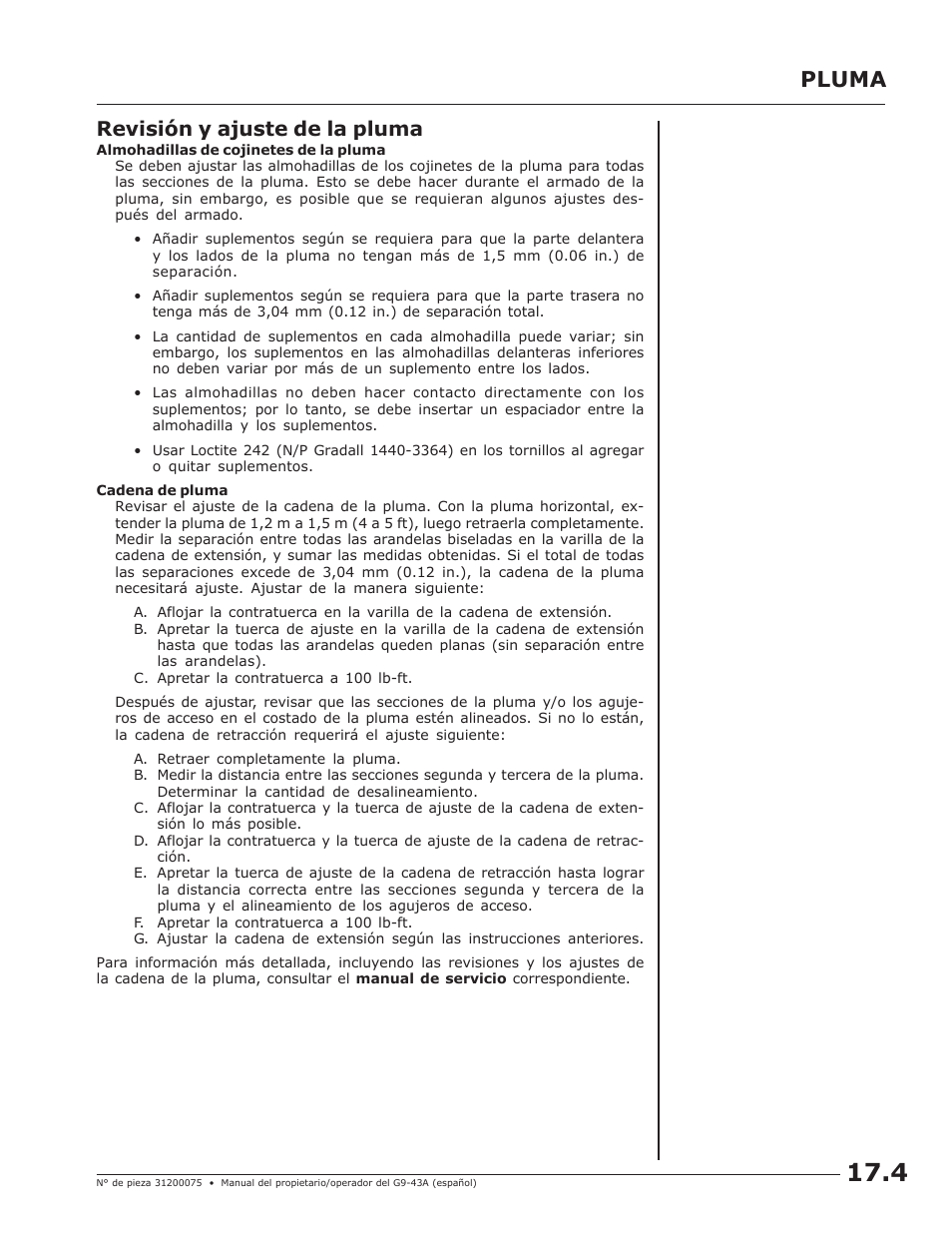 Pluma, Revisión y ajuste de la pluma | JLG G10-43A (0160005444 & After) Operator Manual User Manual | Page 53 / 56