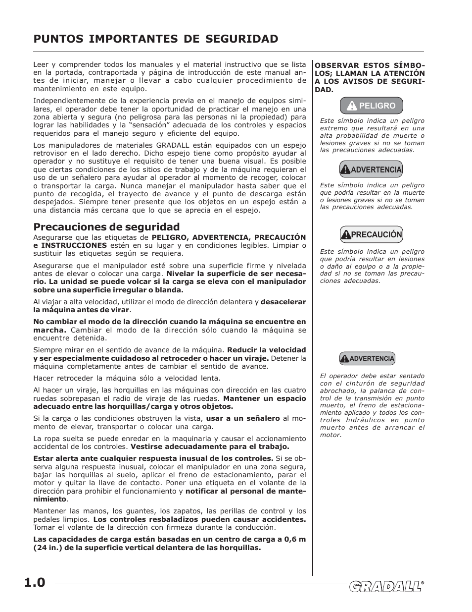 Puntos importantes de seguridad, Precauciones de seguridad | JLG G10-43A (0160005444 & After) Operator Manual User Manual | Page 8 / 56