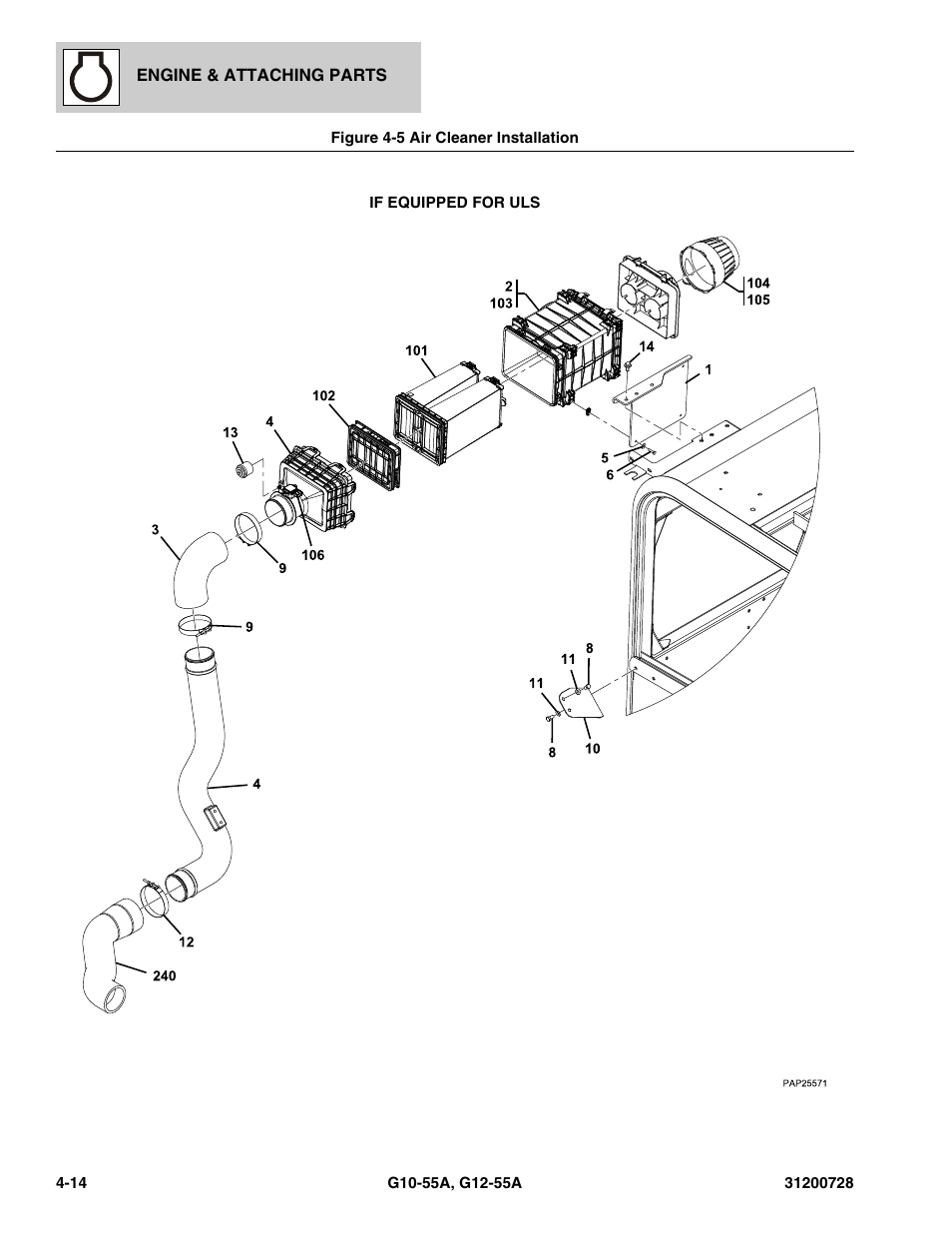 Figure 4-5 air cleaner installation, Air cleaner installation -14 | JLG G12-55A Parts Manual User Manual | Page 114 / 418