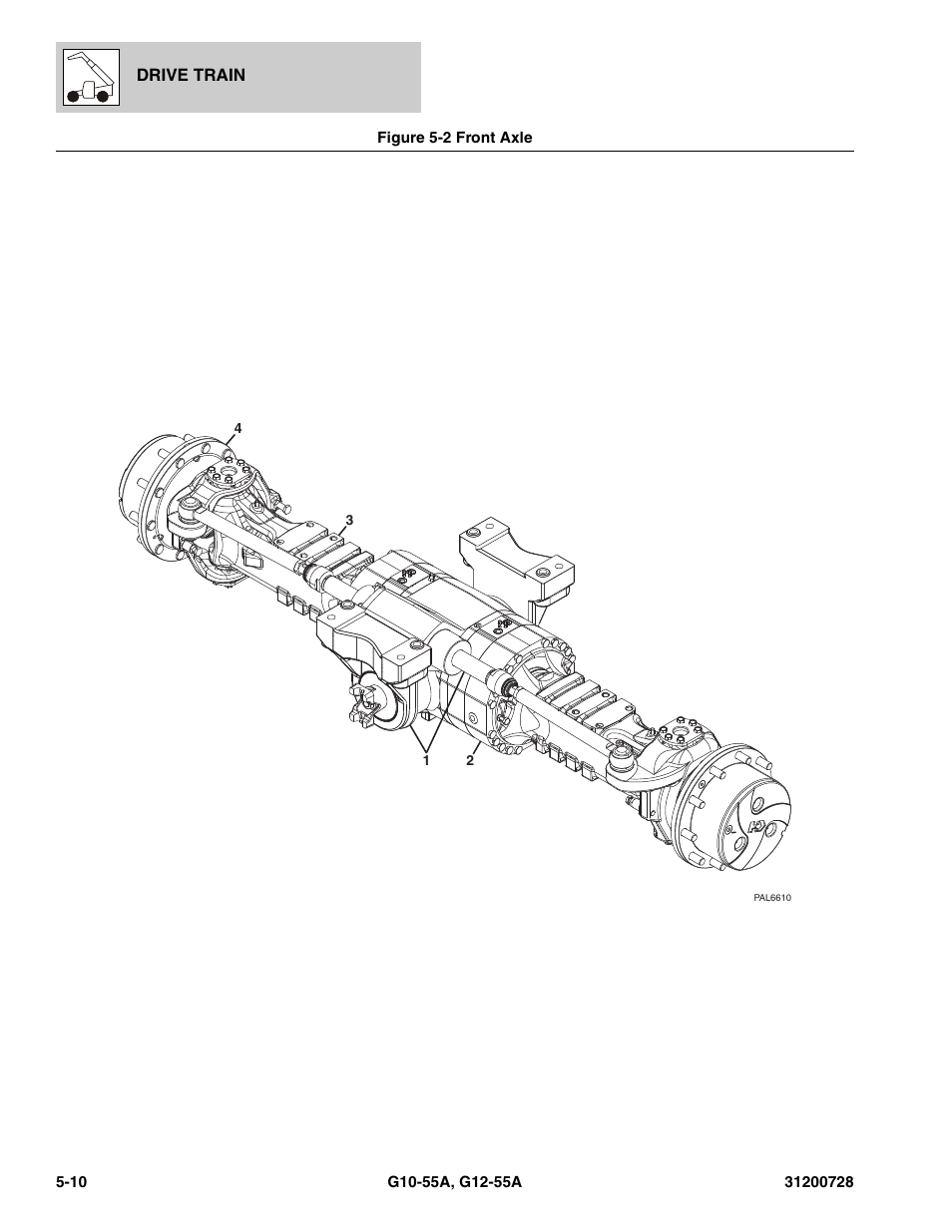 Figure 5-2 front axle, Front axle -10, Axle | See figure 5-2 for details), E, (see figure 5-2 for details) | JLG G12-55A Parts Manual User Manual | Page 132 / 418