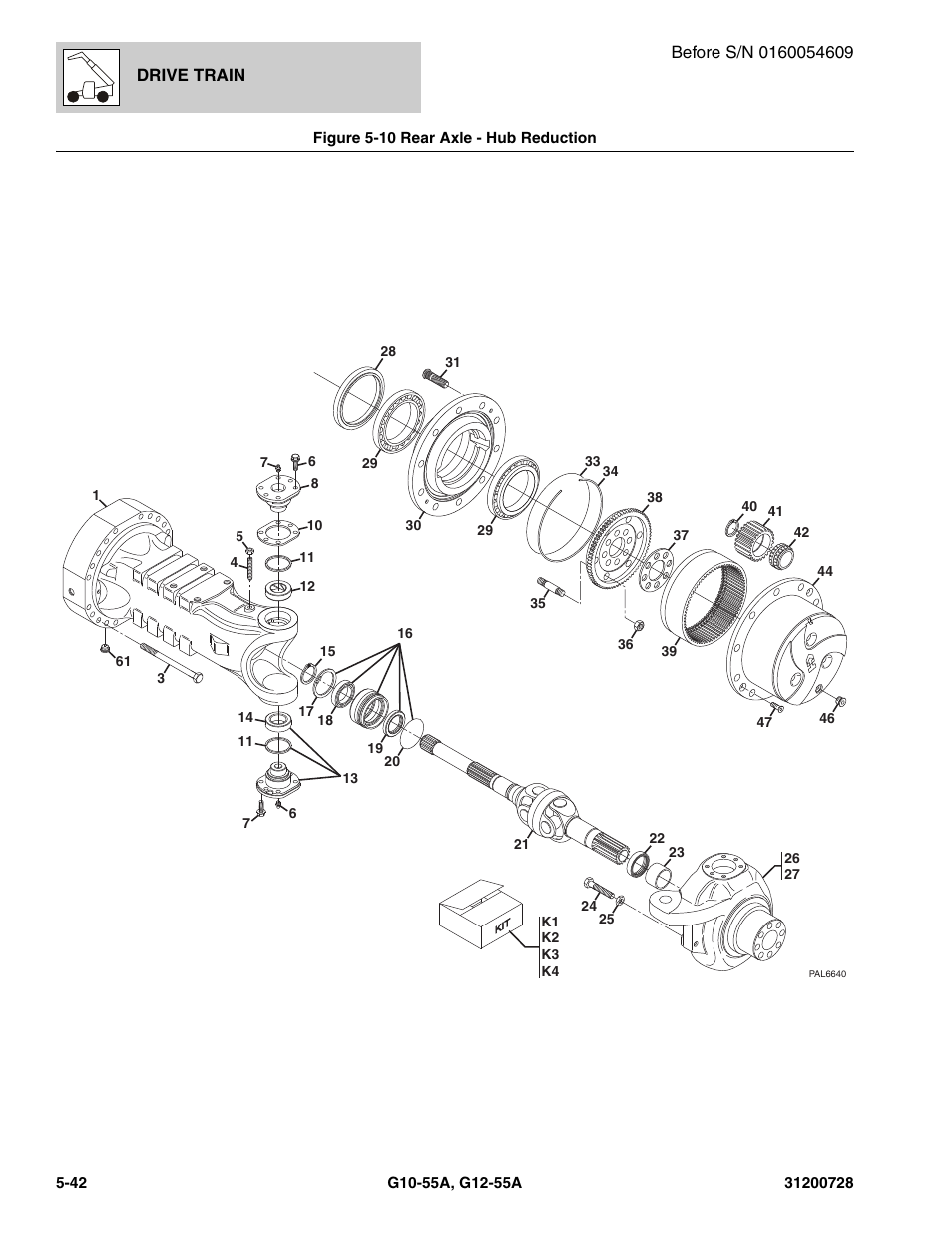 Figure 5-10 rear axle - hub reduction, Rear axle - hub reduction -42, Hub reduction, (see figure 5-10 for details) | JLG G12-55A Parts Manual User Manual | Page 164 / 418