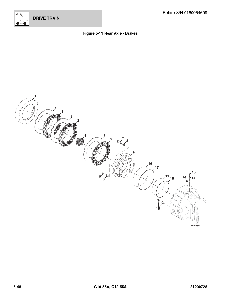 Figure 5-11 rear axle - brakes, Rear axle - brakes -48, Brakes, (see figure 5-11 for details) | JLG G12-55A Parts Manual User Manual | Page 170 / 418