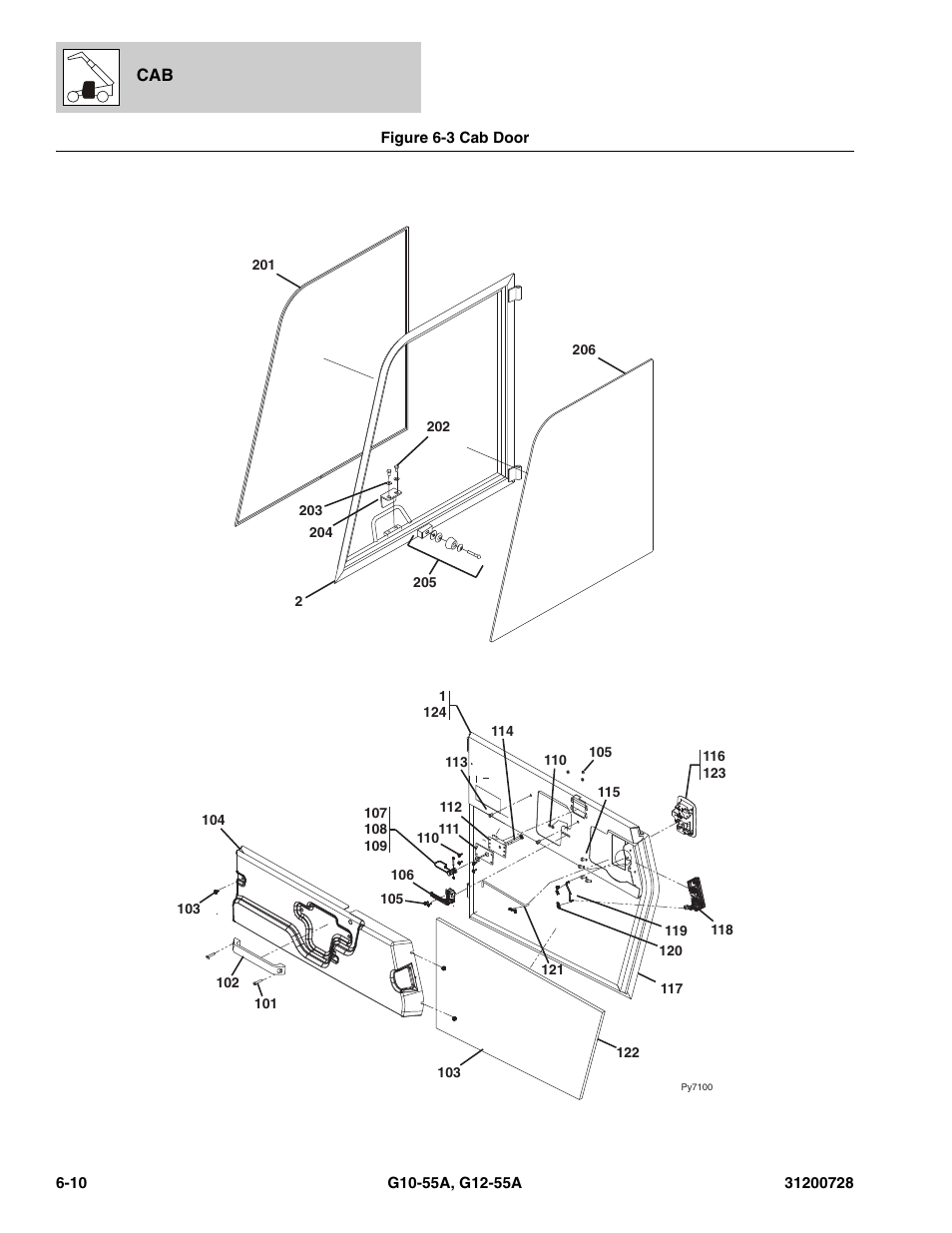 Figure 6-3 cab door, Cab door -10, Cab door, (see figure 6-3 for details) | Cab door assy, (see figure 6-3 for details) | JLG G12-55A Parts Manual User Manual | Page 218 / 418