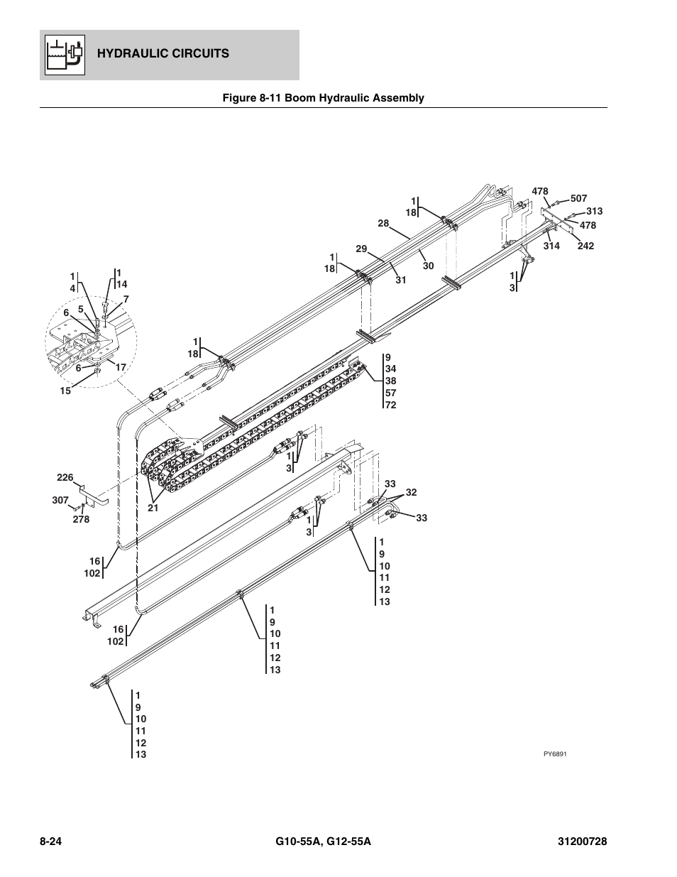 Figure 8-11 boom hydraulic assembly, Boom hydraulic assembly -24, N), (see figure 8-11 for details) | Lic assy, (see figure 8-11 for details) | JLG G12-55A Parts Manual User Manual | Page 272 / 418