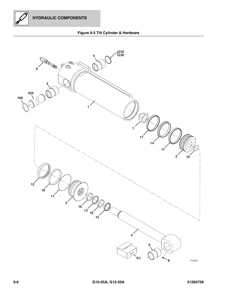 Figure 9-3 tilt cylinder & hardware, Tilt cylinder & hardware -6, Re, (see figure 9-3 for details) | Cylinder, (see figure 9-3 for details) | JLG G12-55A Parts Manual User Manual | Page 288 / 418
