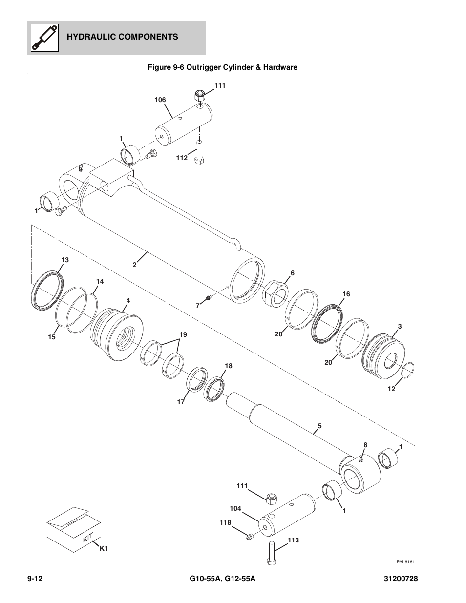 Figure 9-6 outrigger cylinder & hardware, Outrigger cylinder & hardware -12, Trigger cylinder, (see figure 9-6 for details) | JLG G12-55A Parts Manual User Manual | Page 294 / 418