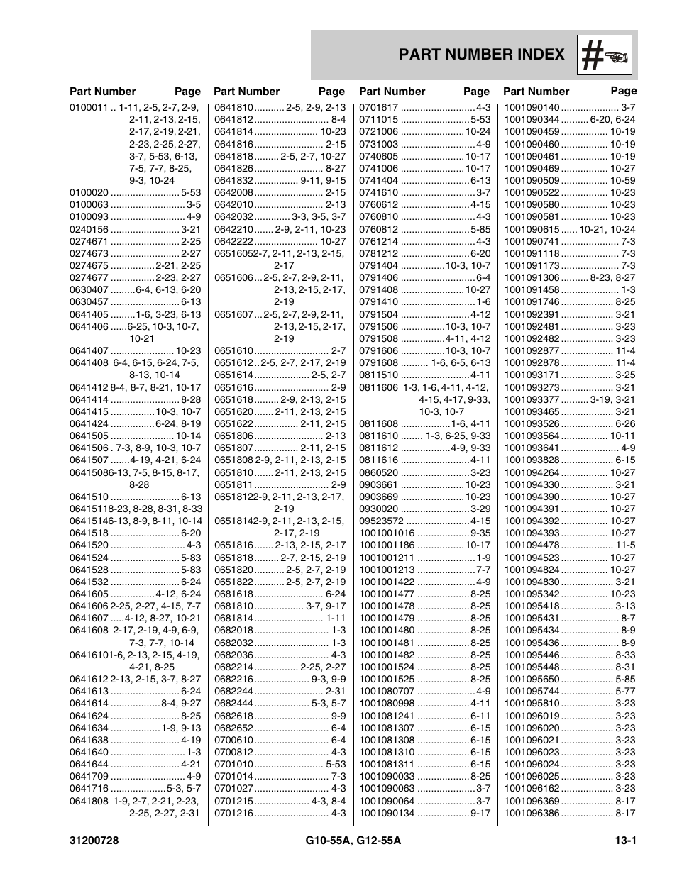 Part number index, Section 13 – part number index -1 | JLG G12-55A Parts Manual User Manual | Page 405 / 418