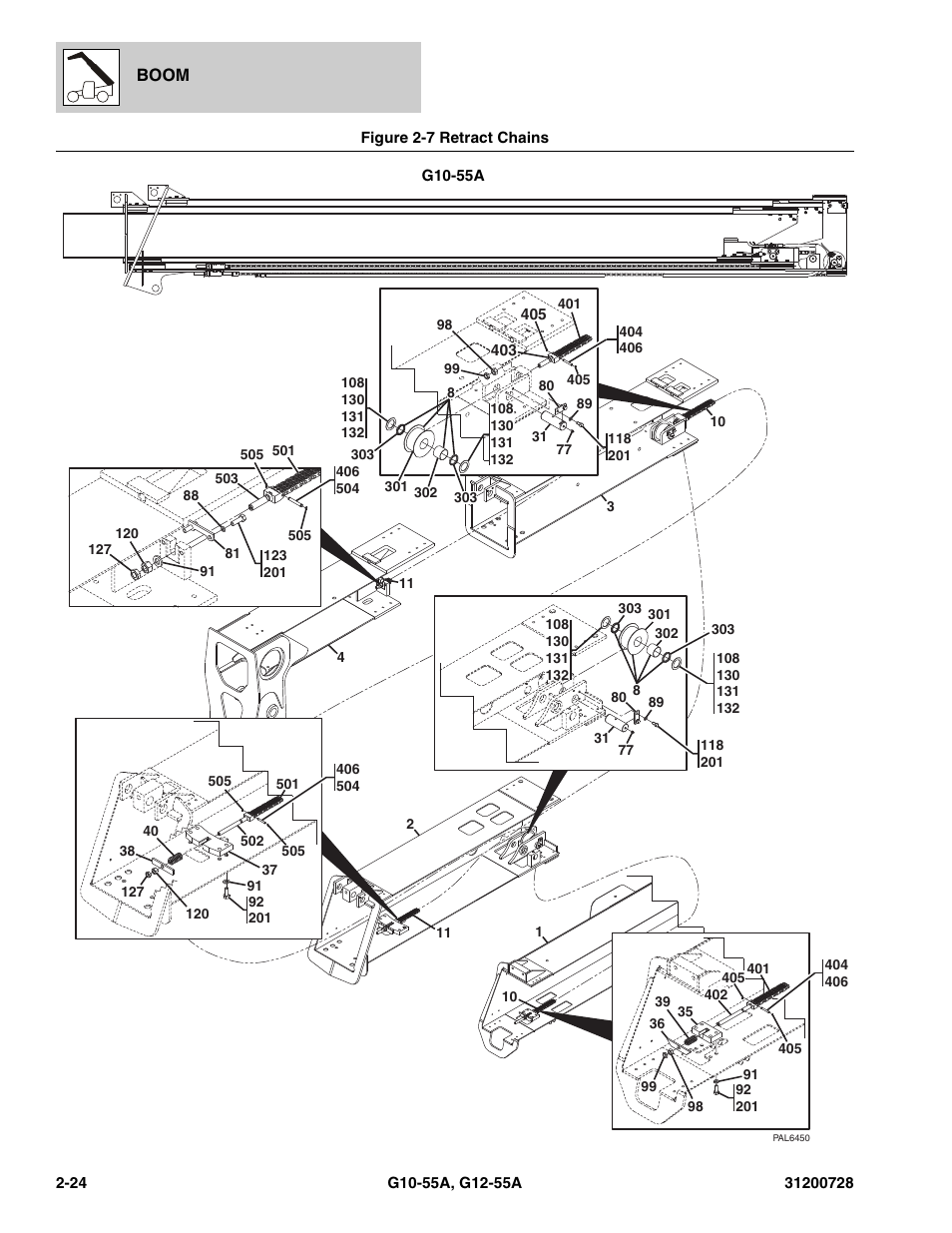 Figure 2-7 retract chains, Retract chains -24, N), (see figure 2-7 for details) | JLG G12-55A Parts Manual User Manual | Page 48 / 418
