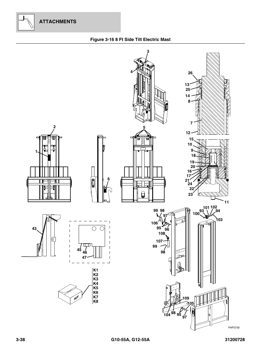 Figure 3-16 8 ft side tilt electric mast, 8 ft side tilt electric mast -38 | JLG G12-55A Parts Manual User Manual | Page 94 / 418