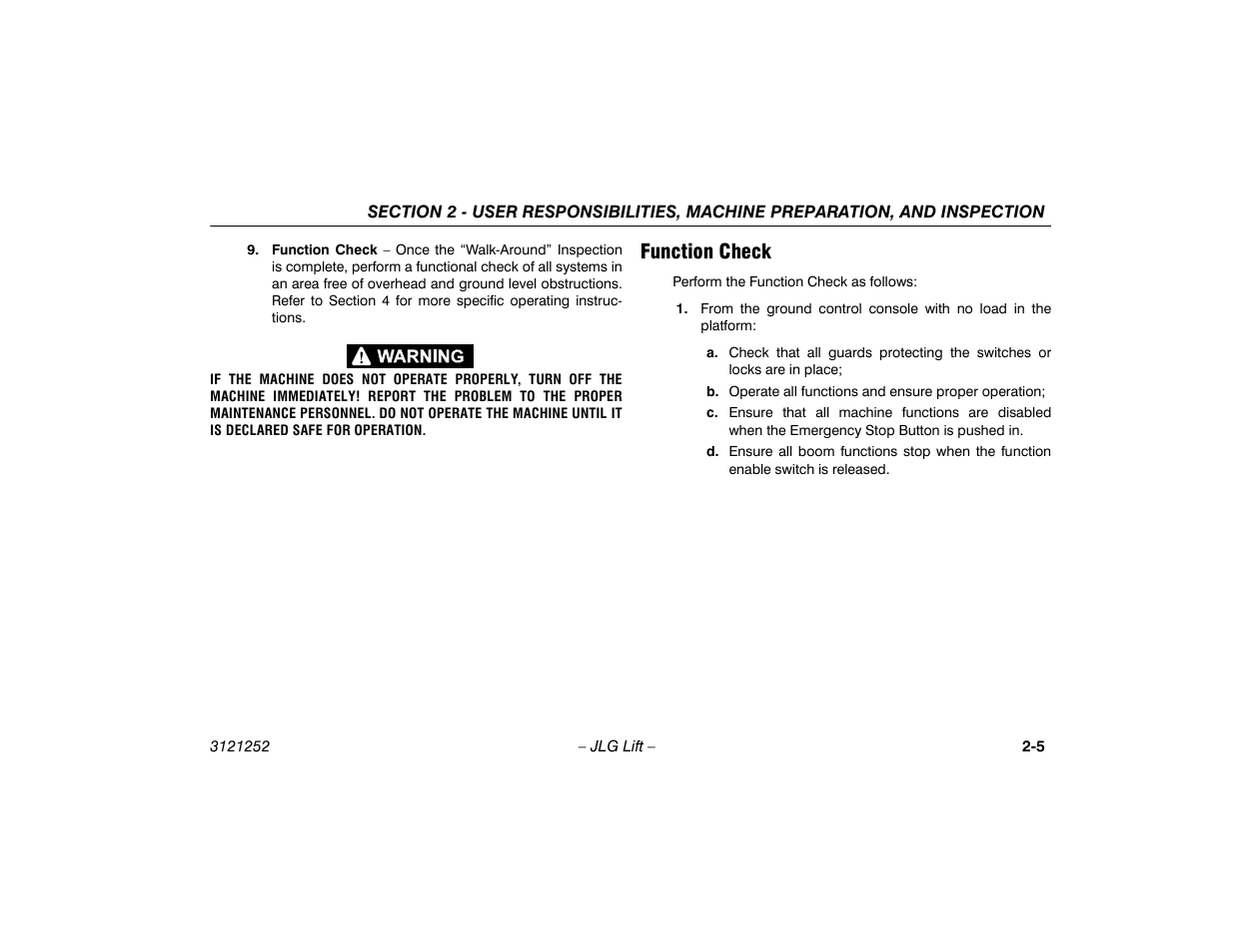 Function check, Function check -5 | JLG E300 Operator Manual User Manual | Page 25 / 92