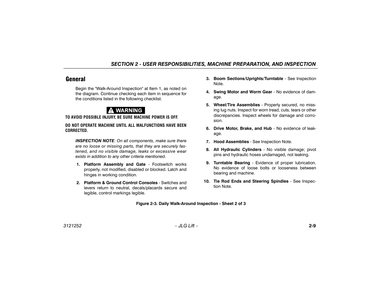 General -9, Daily walk-around inspection - sheet 2 of 3 -9, General | JLG E300 Operator Manual User Manual | Page 29 / 92