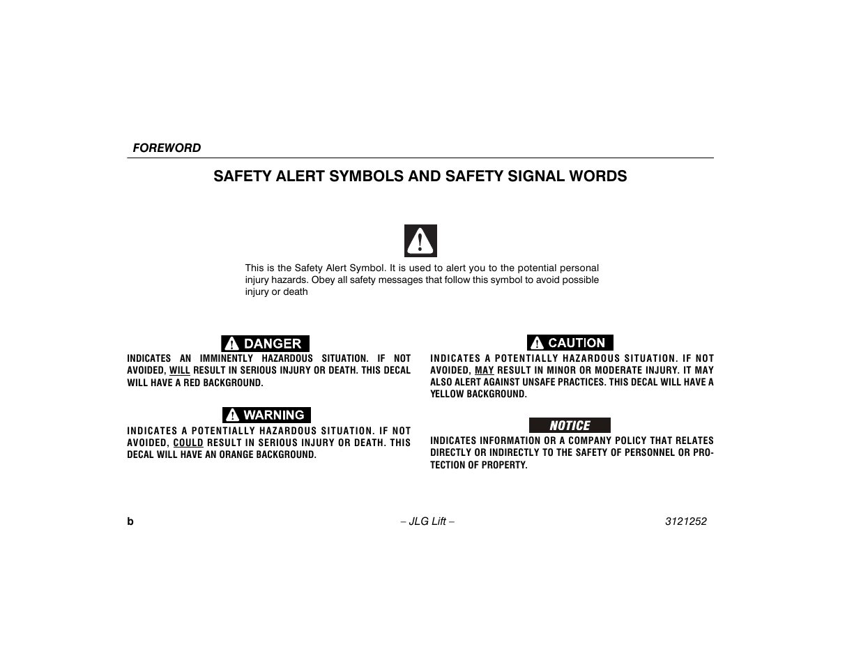 Safety alert symbols and safety signal words | JLG E300 Operator Manual User Manual | Page 4 / 92