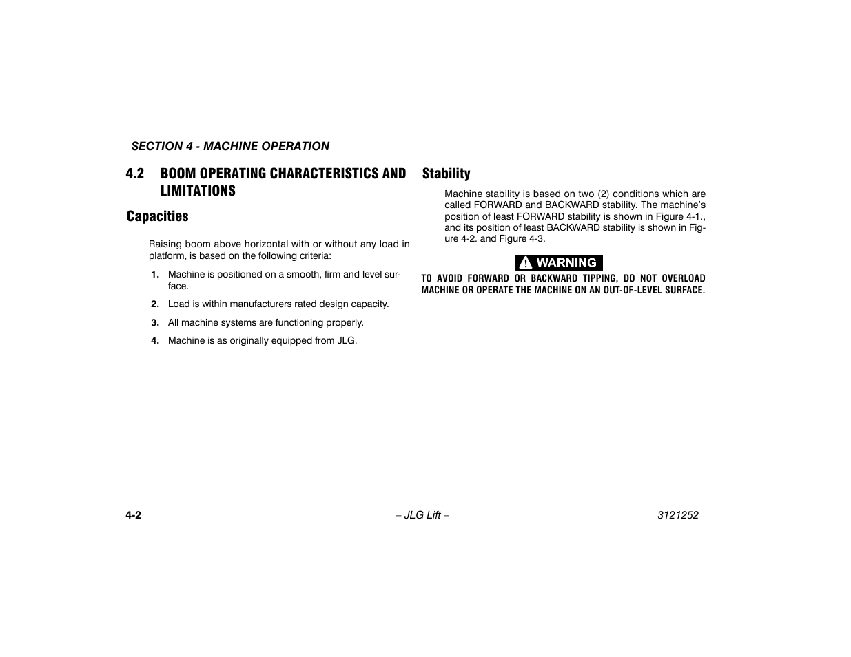 2 boom operating characteristics and limitations, Capacities, Stability | 2 boom operating characteristics and, Limitations -2, Capacities -2 stability -2 | JLG E300 Operator Manual User Manual | Page 46 / 92