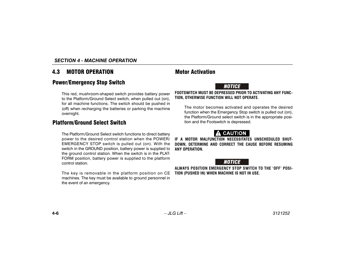 3 motor operation, Power/emergency stop switch, Platform/ground select switch | Motor activation, 3 motor operation -6 | JLG E300 Operator Manual User Manual | Page 50 / 92